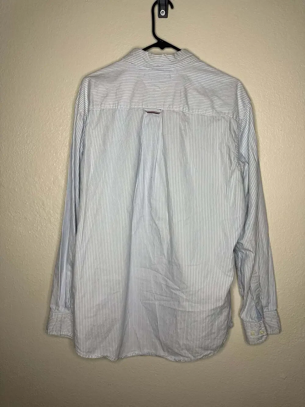 Tommy Hilfiger Men's Light Blue and White Striped Long Sleeve Button-